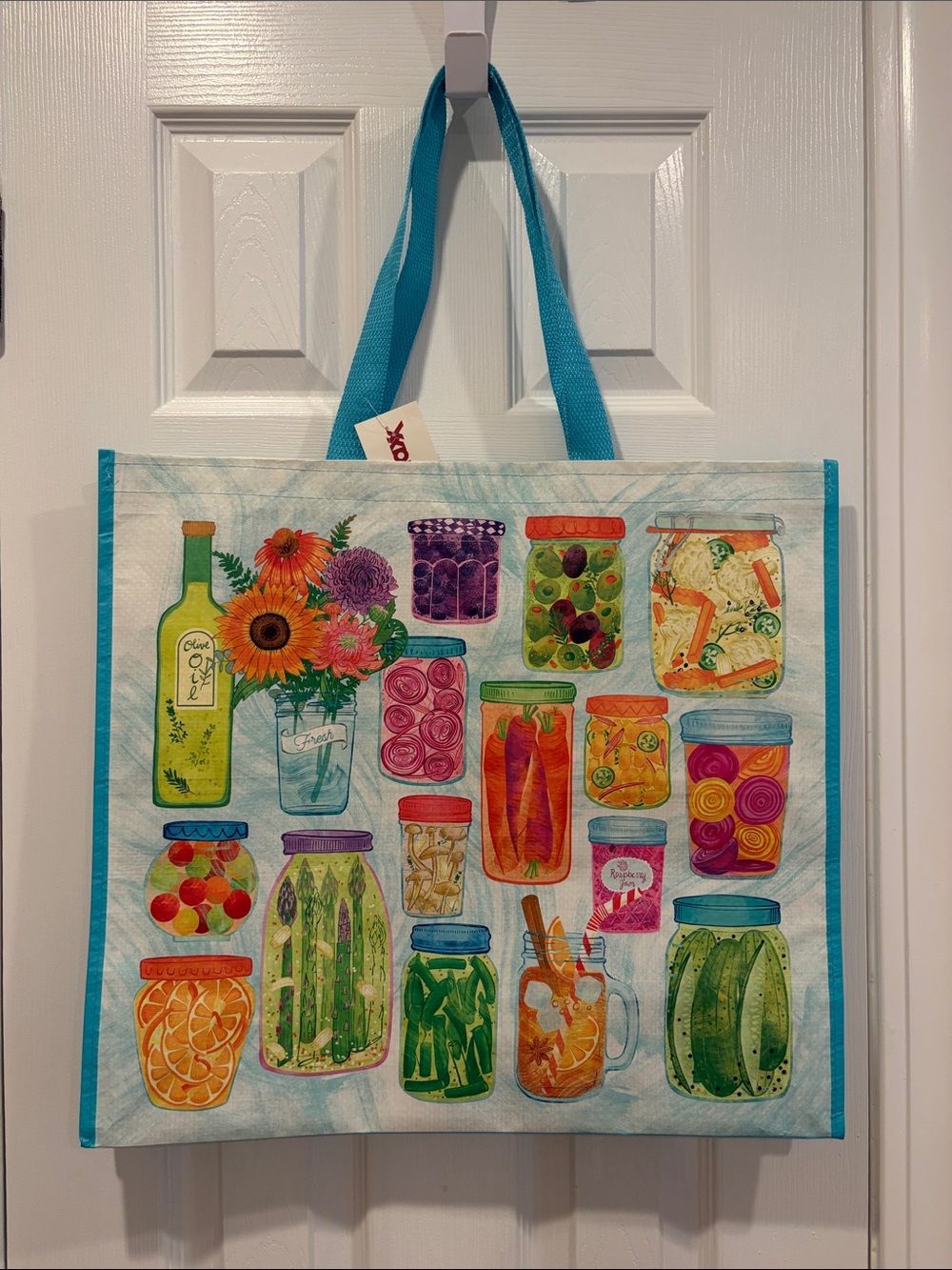 TJ Maxx Reusable Tote Bag with Colorful Vegetable Mason Jars & Flowers 🫒🌸🥒🥕
